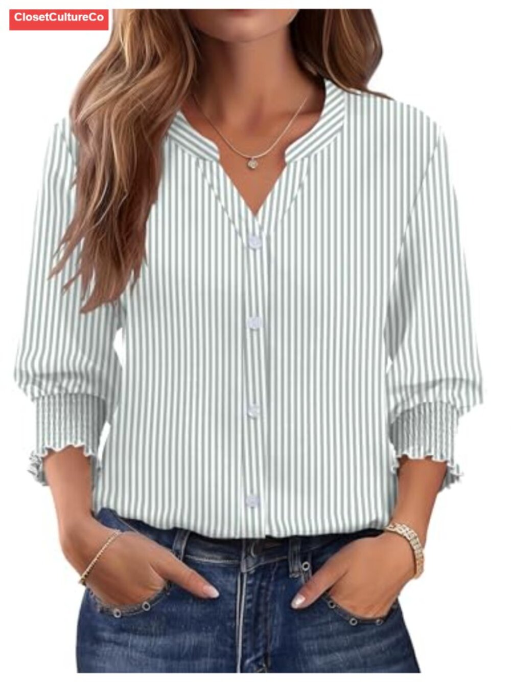 Womens 3/4 Sleeve V-Neck Button Down Blouse Business Casual Top